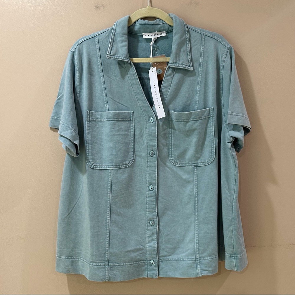 Jane And Delancey Button Down Top Green Acid Wash Knit Utility Shacket Womens 1X